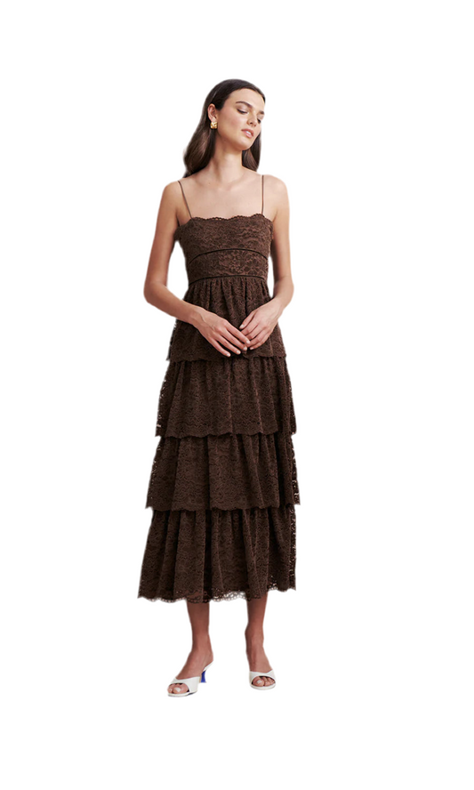 Front view of Leina Tiered Lace Dress – Sepia – showcasing the straight neckline, scalloped edge, and tiered design.