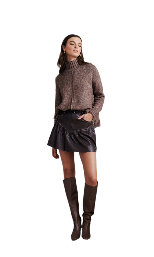 Front view of Pippi Ruffle Mini Skirt – Chocolate – showcasing the faux leather material and ruffled hemline.