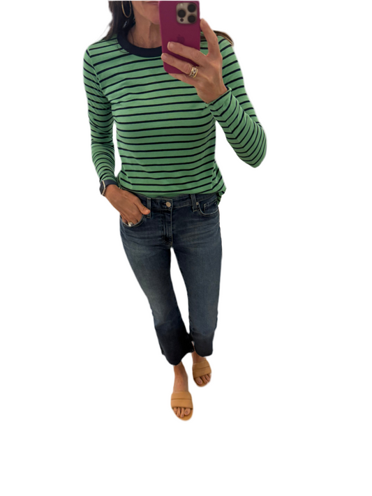 Front view of Ringer Long Sleeve Tee in Winter Green – showcasing the ringer neckline and long sleeves.