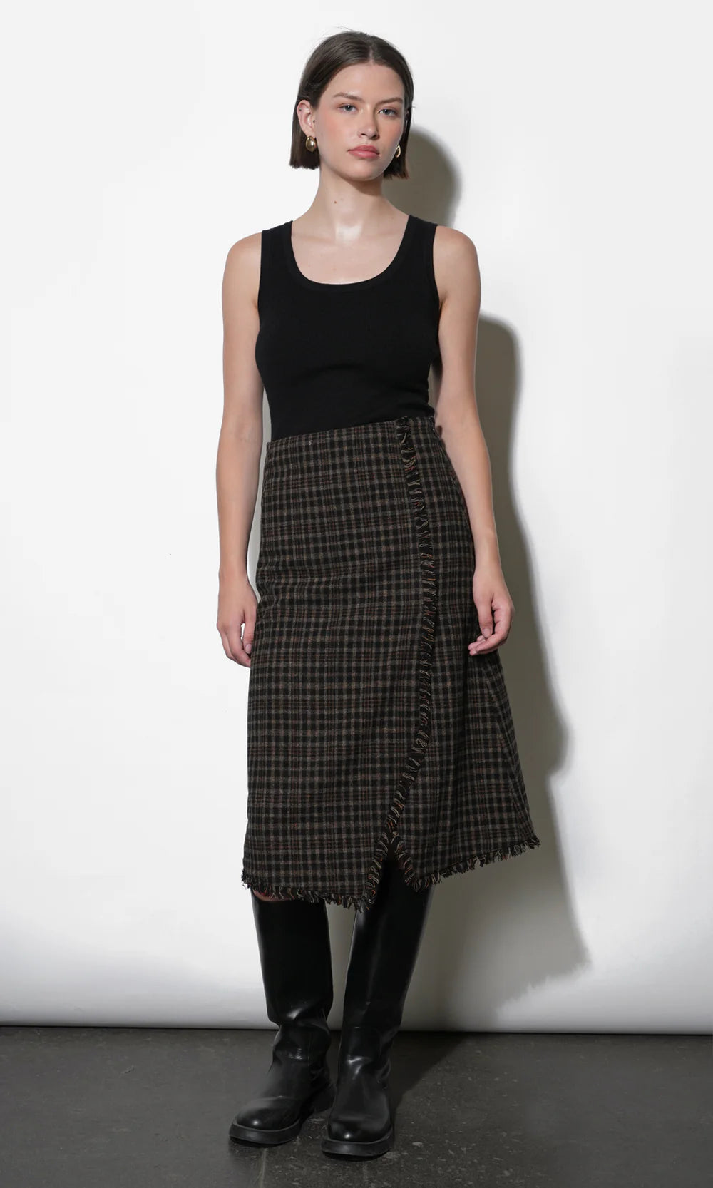 Brighton Asymetric Plaid Fringe Midi Skirt- Black