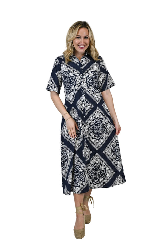 Iris Button Down Midi Dress- Midnight Mosaic