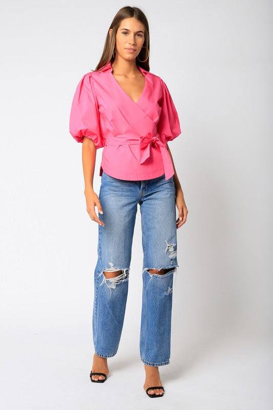 Wrap Collared Top- Pink