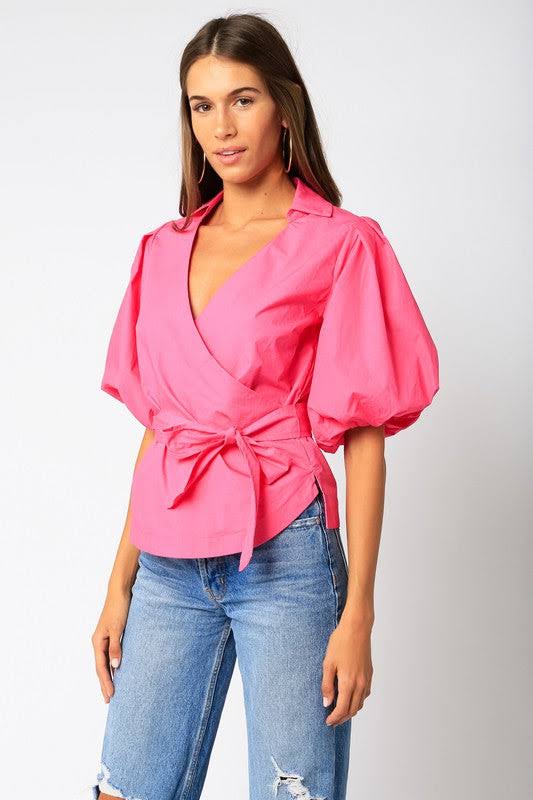 Wrap Collared Top- Pink