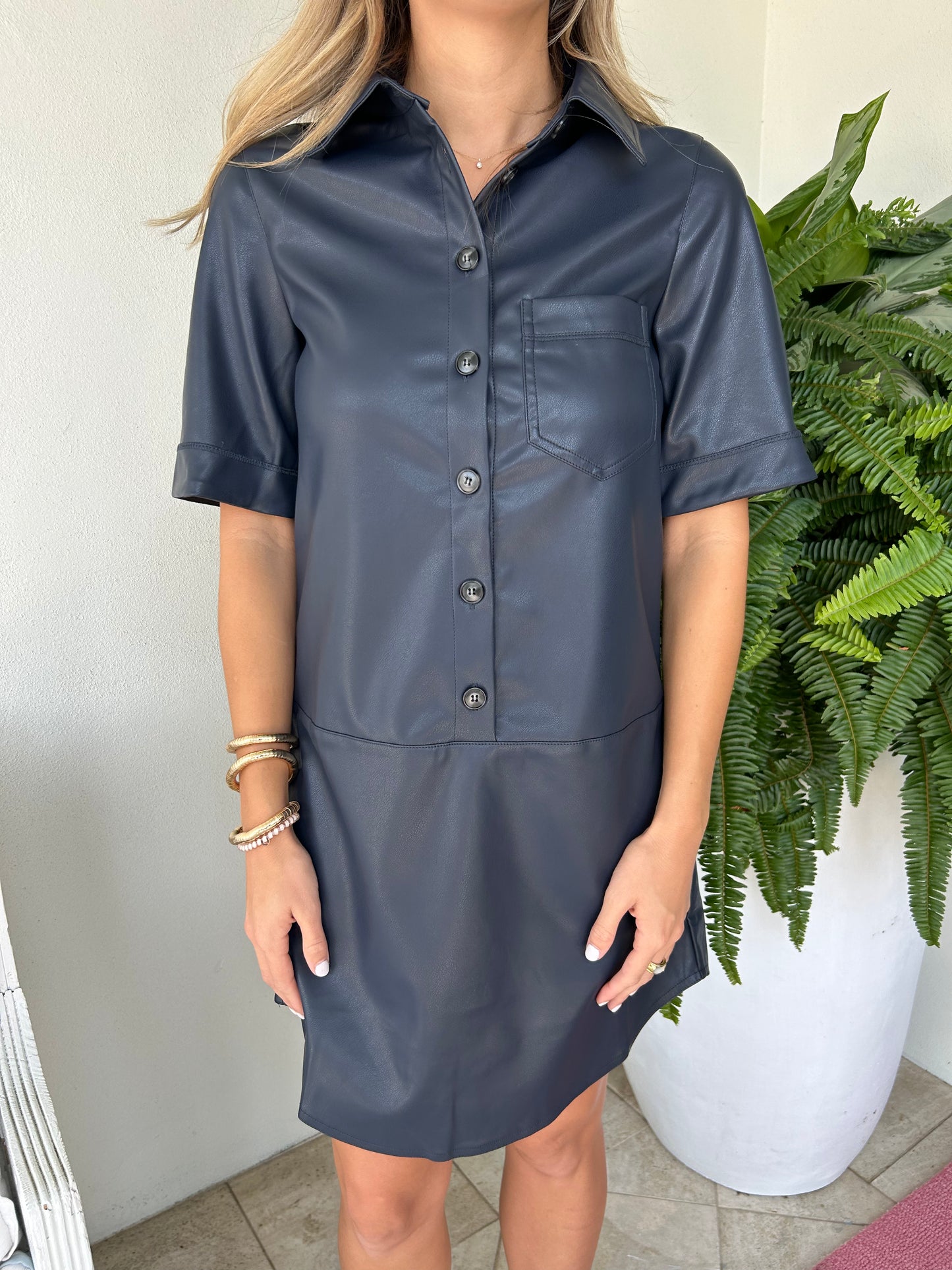 Short Sleeve Button up Faux Leather Dress