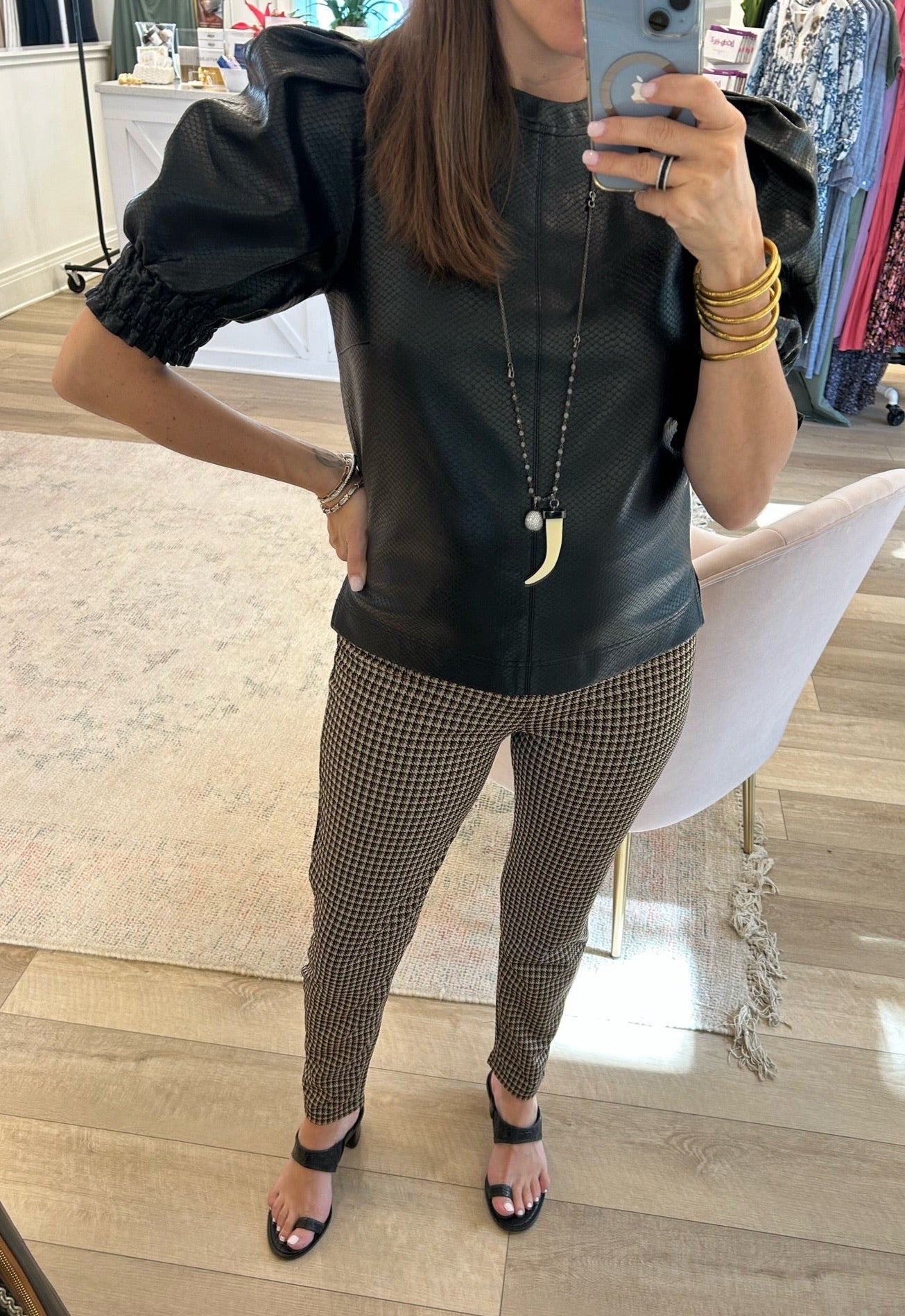 Andie Faux Leather Short Sleeve Top- Black