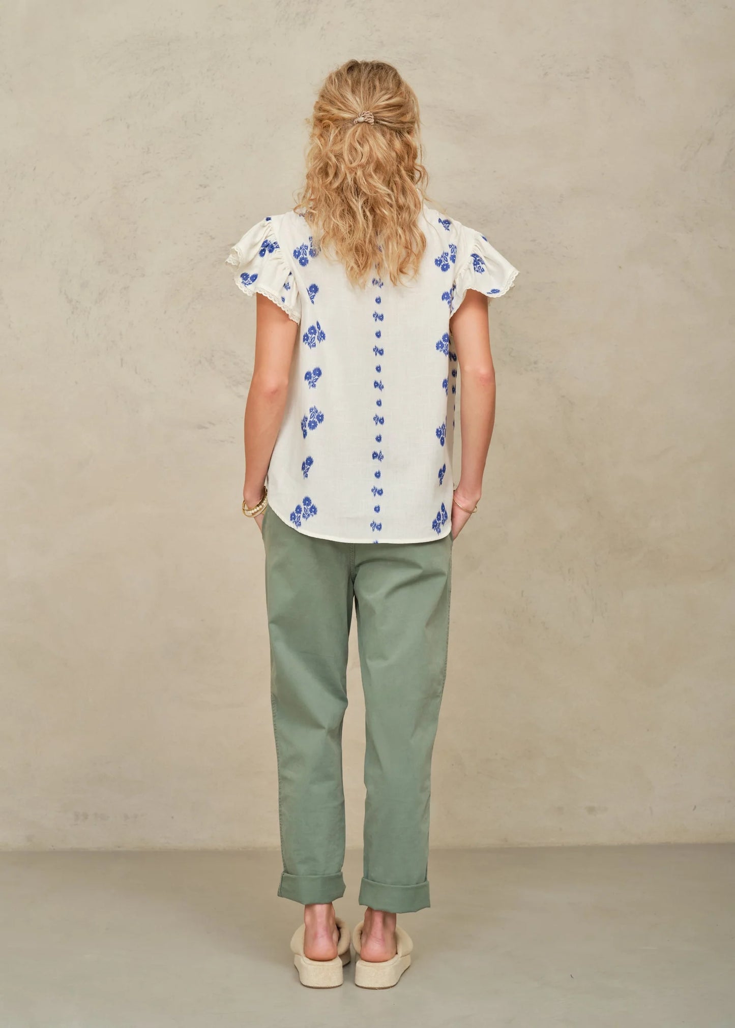 Iris Woven Frill Top- Blue