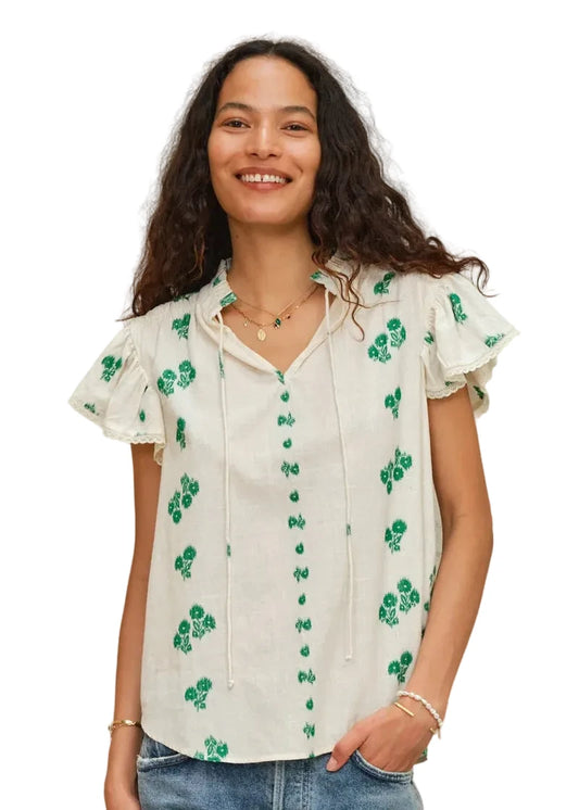 Iris Woven Top- White/ Green