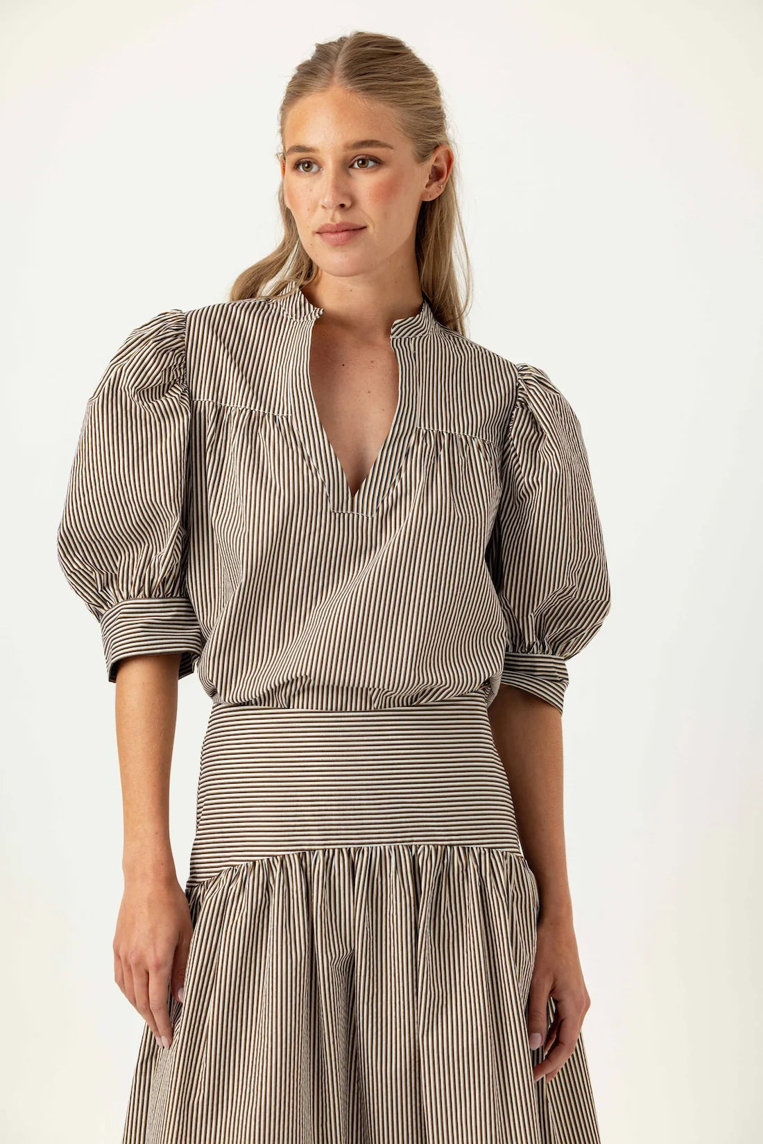 Ingrid Striped Puff Sleeve Top- Umber Lurex
