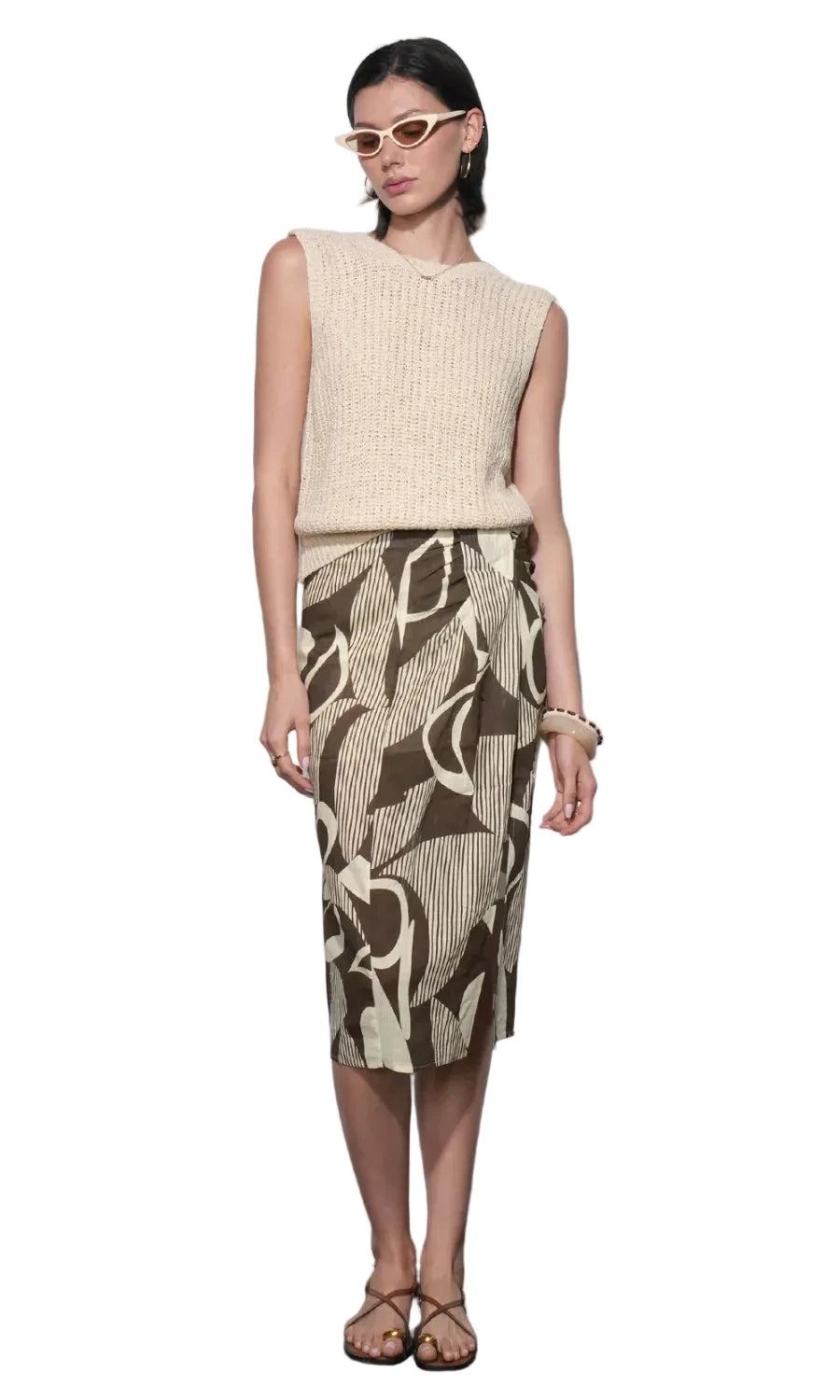Iris Draped Midi Skirt- Ecru/Brown