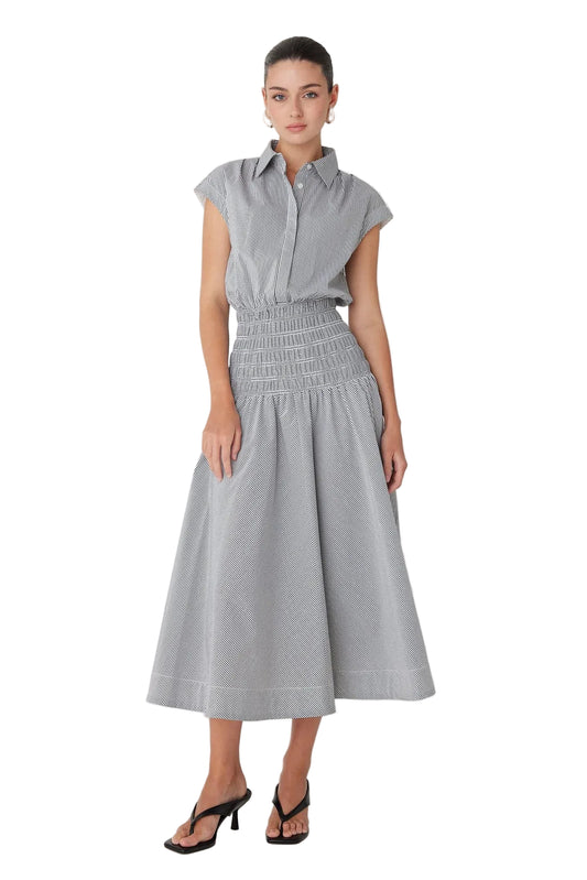 Kya Smocked Waist Midi Dress- Black/White Stripe