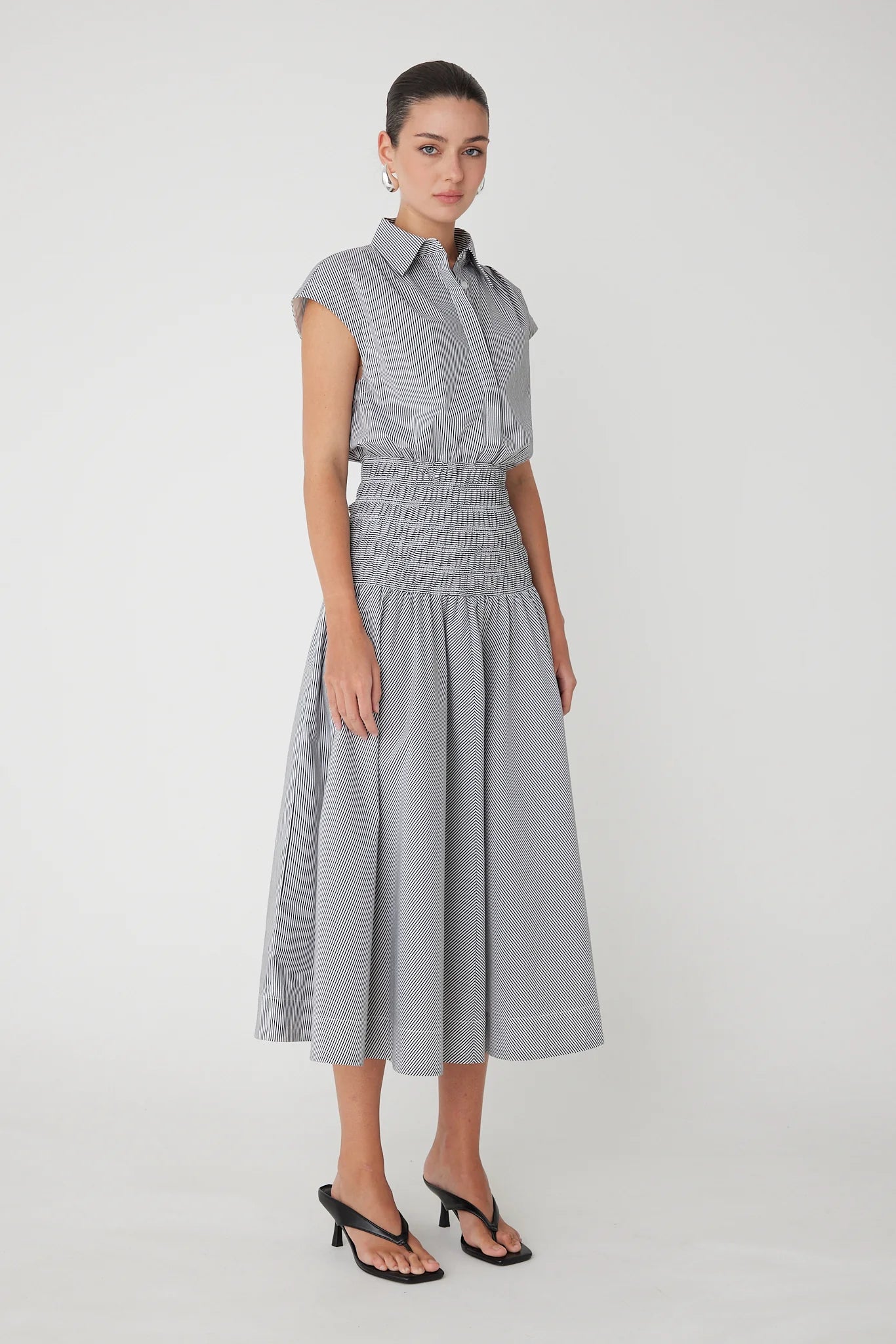 Kya Smocked Waist Midi Dress- Black/White Stripe