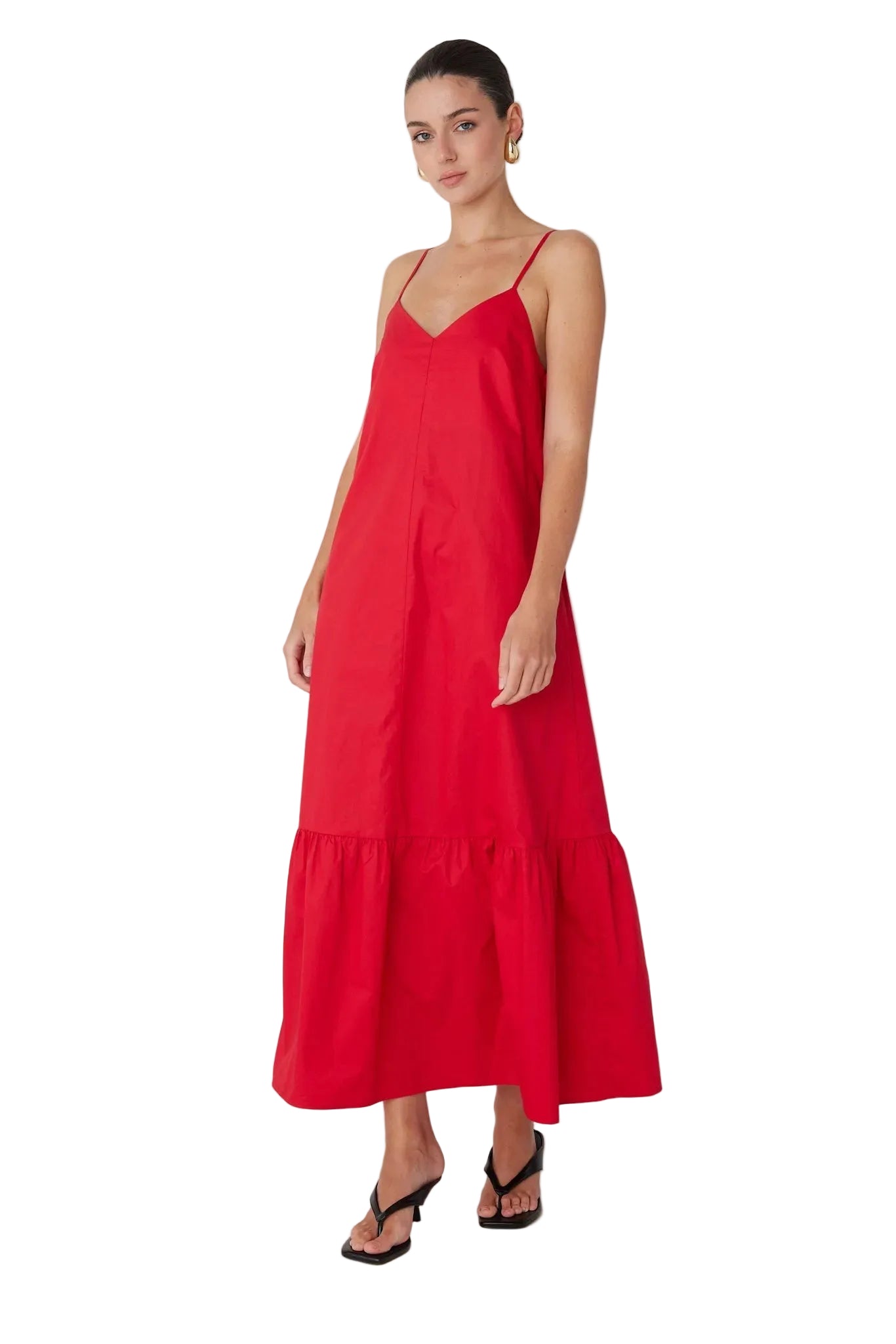 Woman wearing a red dress on a white background