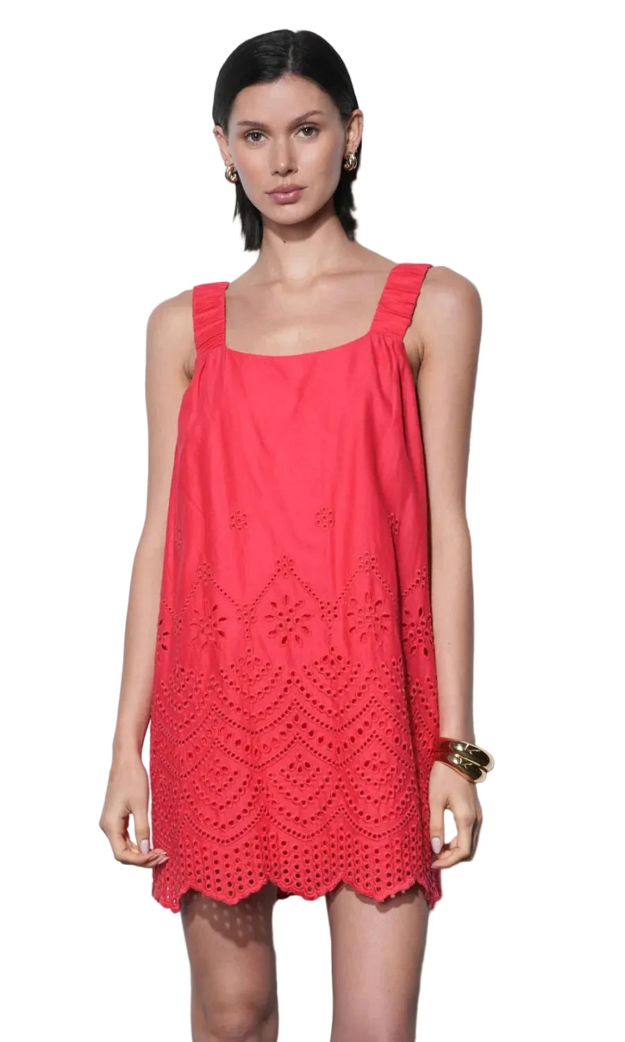 Kallie Linen Embroidered Dress- Red