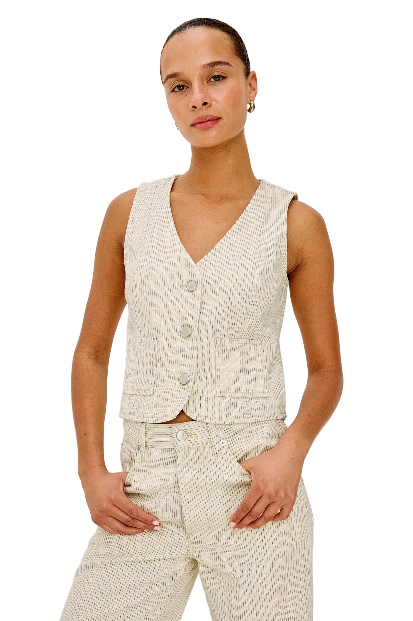 La Jolla Button Down Vest- Ecru