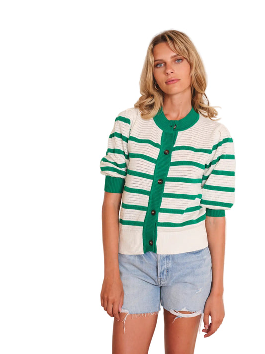 Lecce Cardigan Green/White — front view showing striped button-front cardigan.