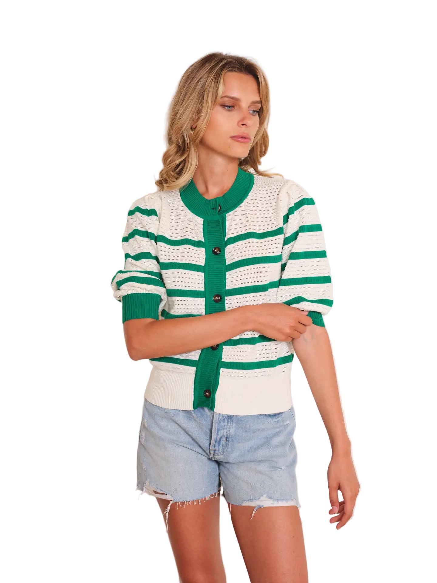 Close-up of the green and white knit stripe pattern on Lecce Cardigan, and button detailing.