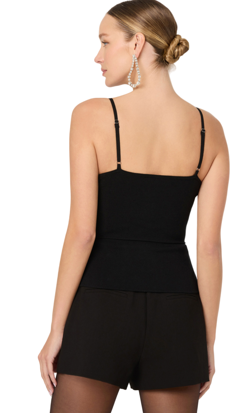 Model wearing Adde Pearl Rhinestone Sweater Tank – side view adjustable strap