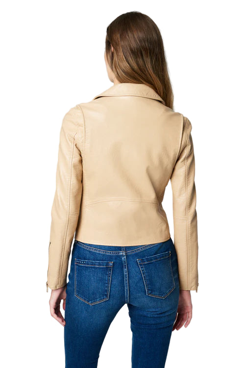 Model wearing Natural Light faux leather jacket with zip and lapel