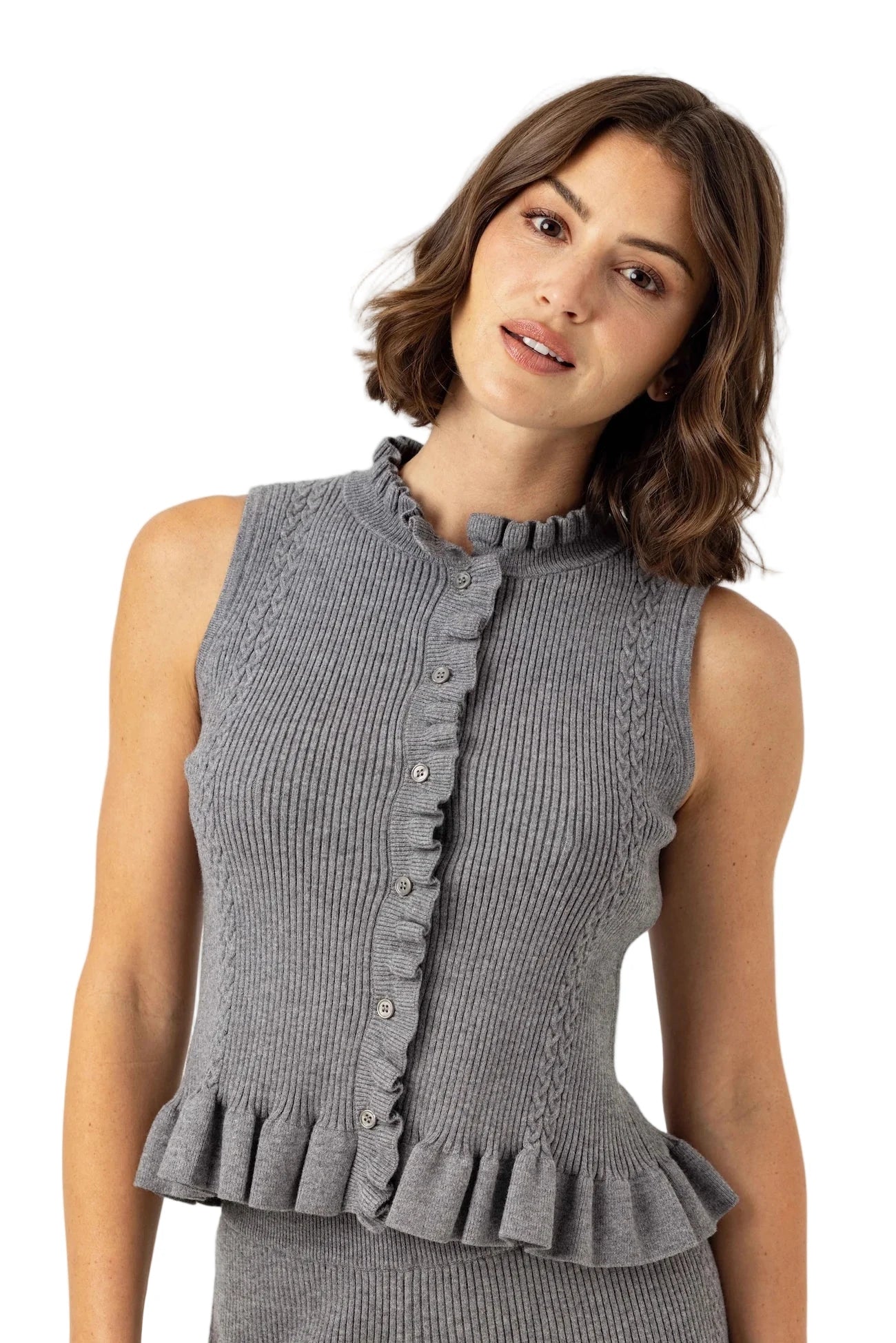 Women’s ribbed knit tank in fog gray – front view