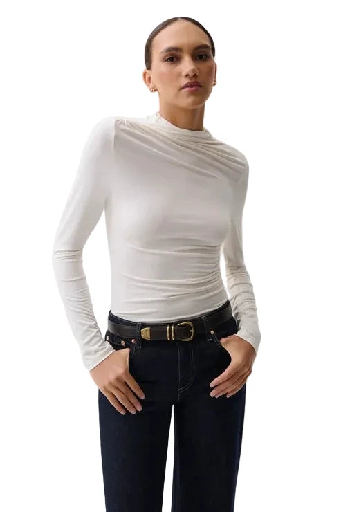 Nathalia Draped Mock Neck Top- Soft White