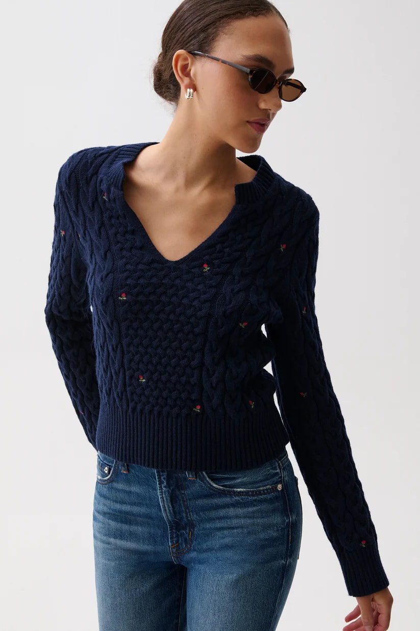 Shana Cable Knit Embroidered Sweater- Soft Night