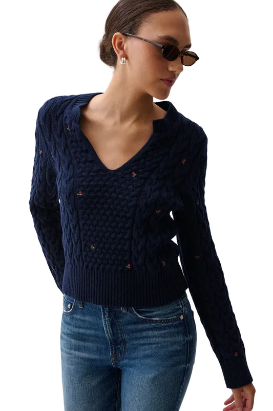 Shana Cable Knit Embroidered Sweater- Soft Night