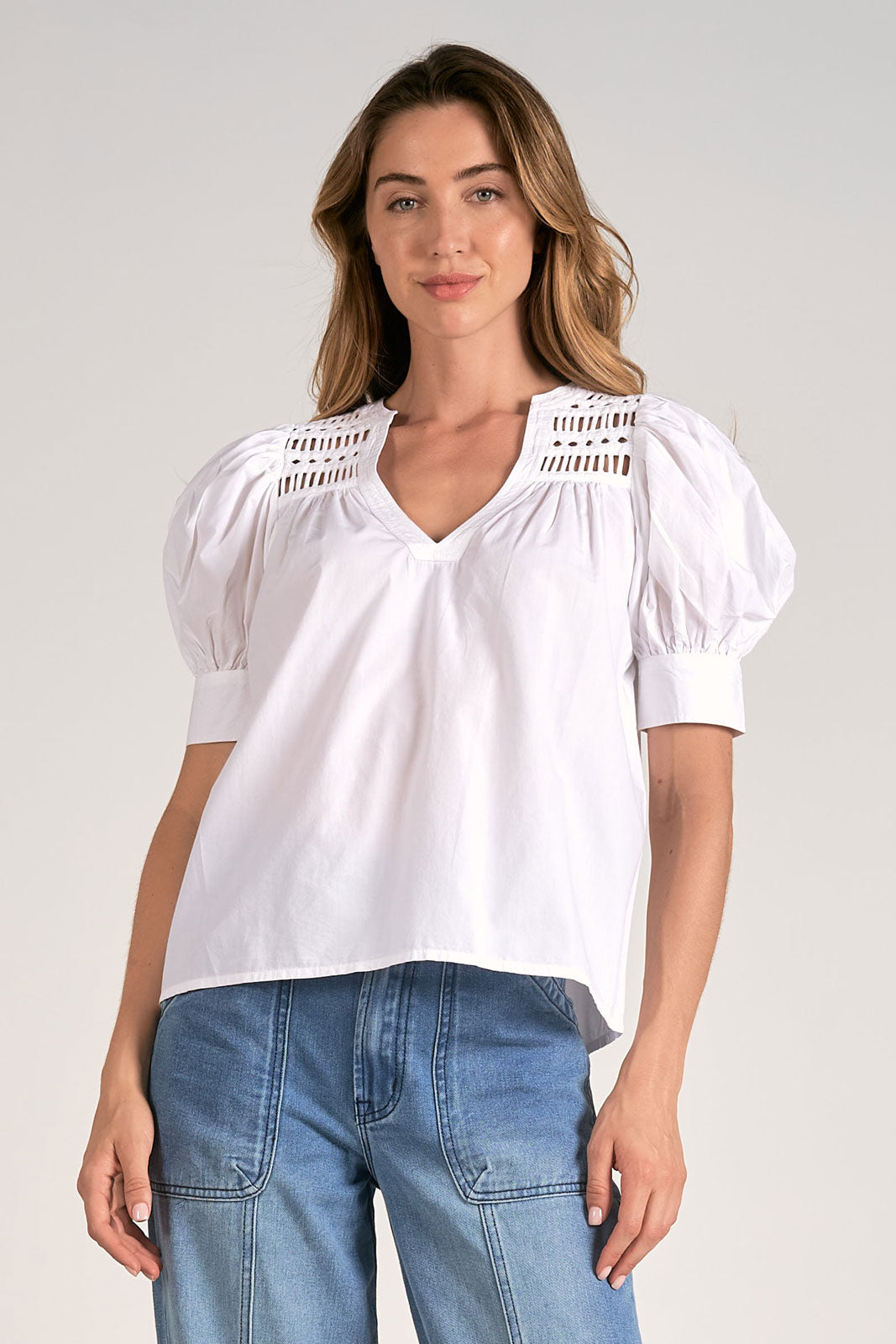 Puff Short Sleeve Top with Cutouts- white
