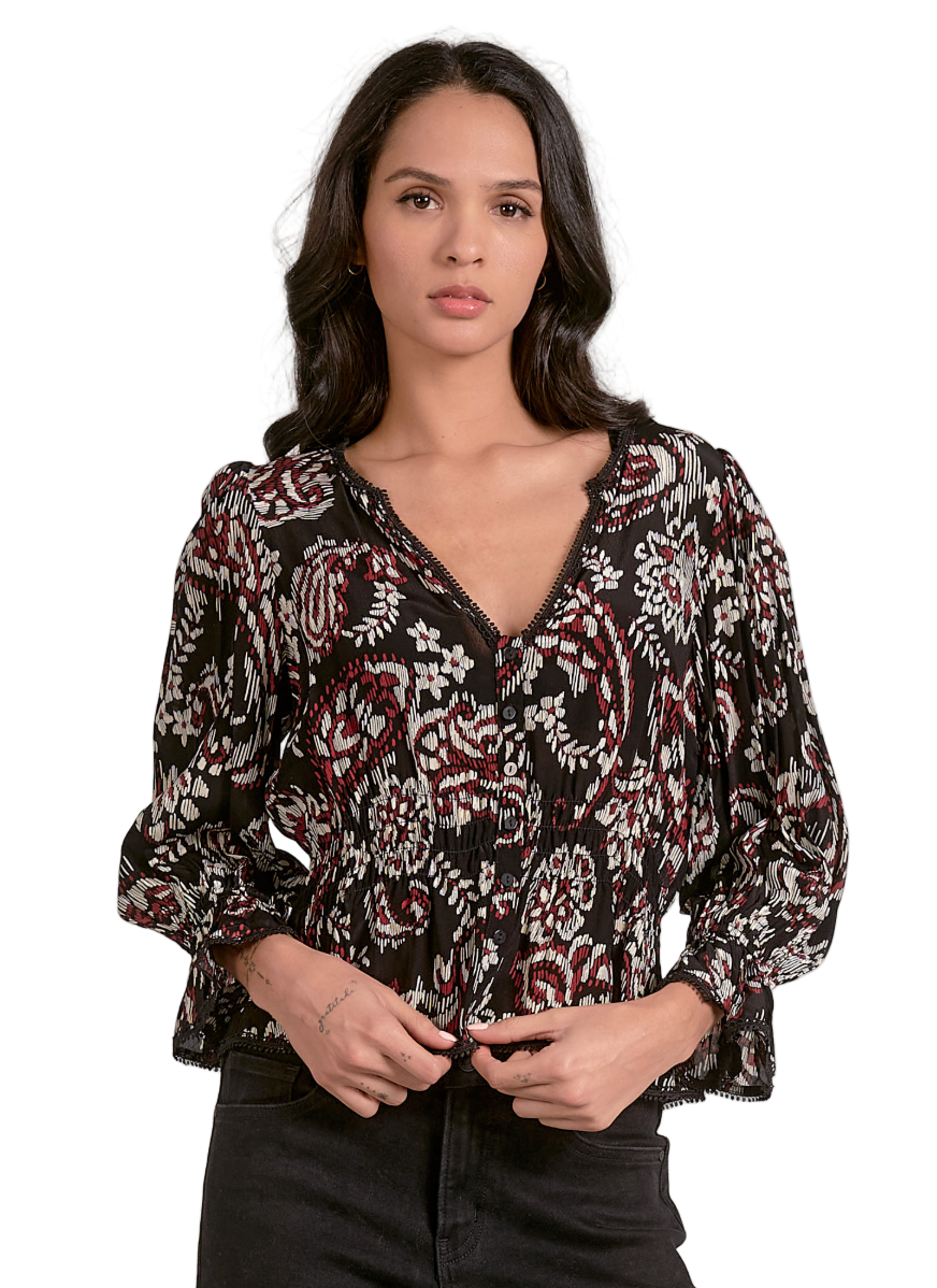 Front view of Paisley Print V-Neck Top – black blouse with paisley print and long sleeves.