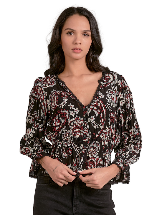 Front view of Paisley Print V-Neck Top – black blouse with paisley print and long sleeves.