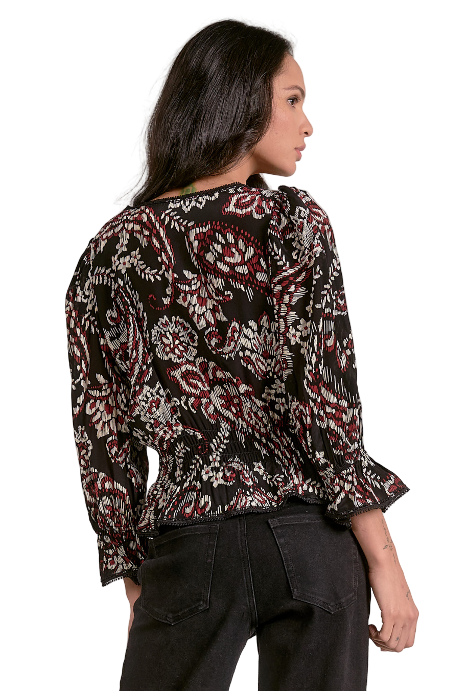 Back view of Paisley Print V-Neck Top – full-length back view highlighting paisley design.