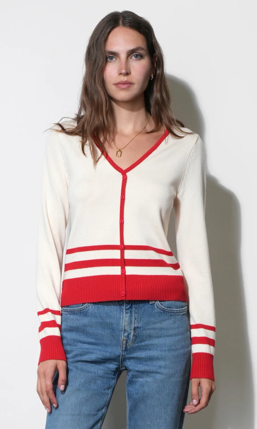 Piper Striped Button Front Knit Top- Ivory/red