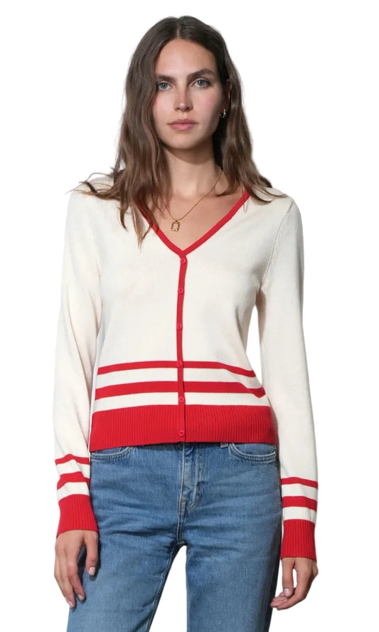 Piper Striped Button Front Knit Top- Ivory/red