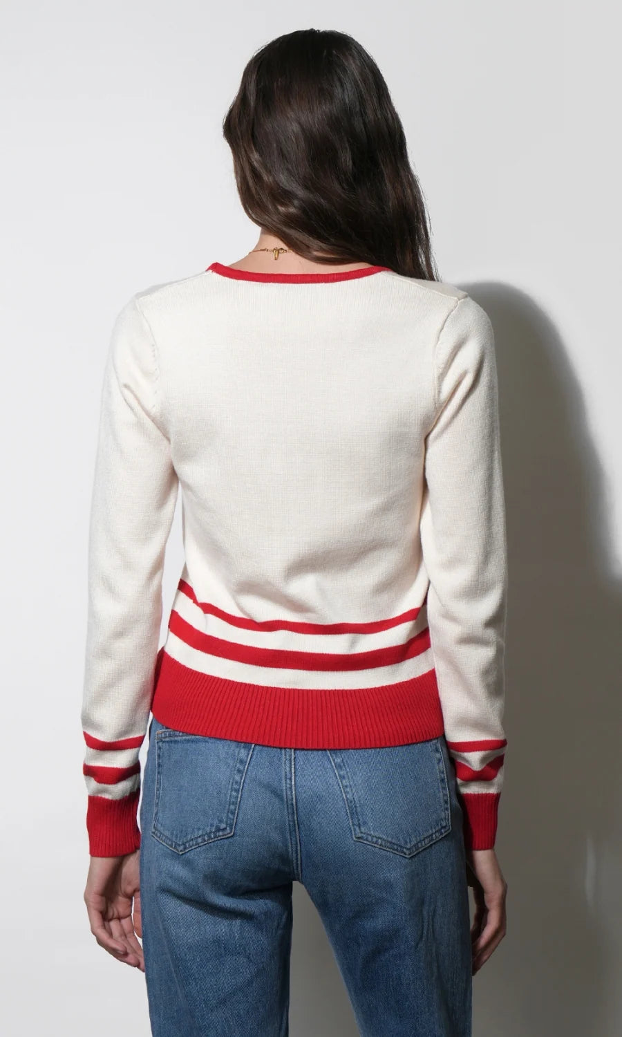 Piper Striped Button Front Knit Top- Ivory/red