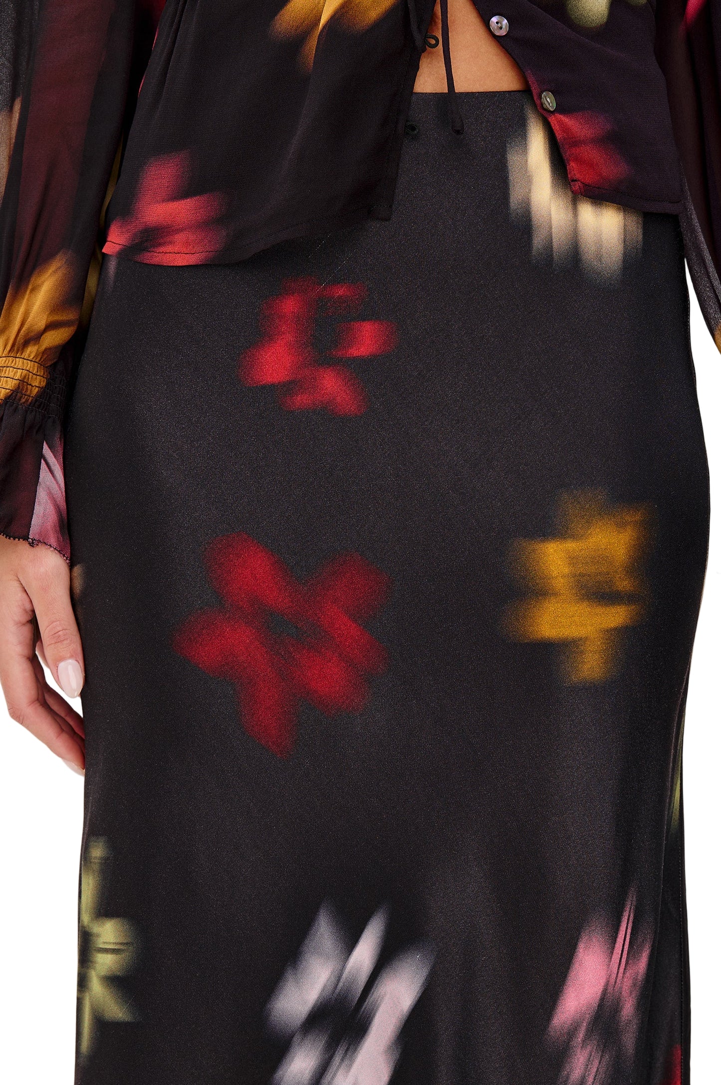 Rails Anya Skirt Onyx Blurred Floral fabric satin crepe texture close‑up