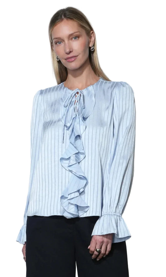 Remi Lace Up Ruffle Blouse- Powder Blue