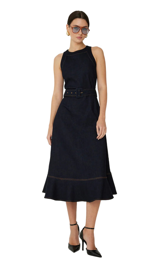 Rhea Midi Dress in Dark Wash — sleeveless midi dress front view.