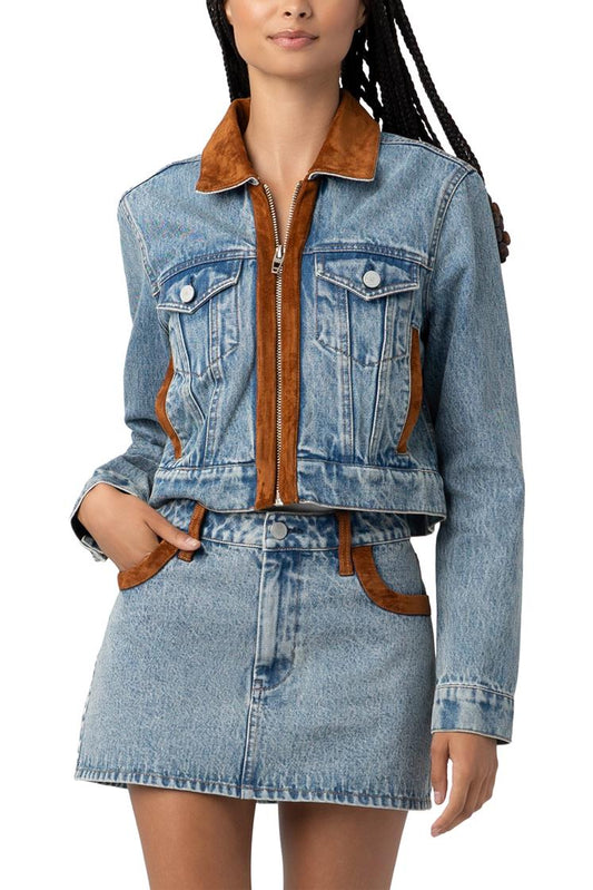 Rodeo zip-up denim jacket in light vintage with suede collar — front view