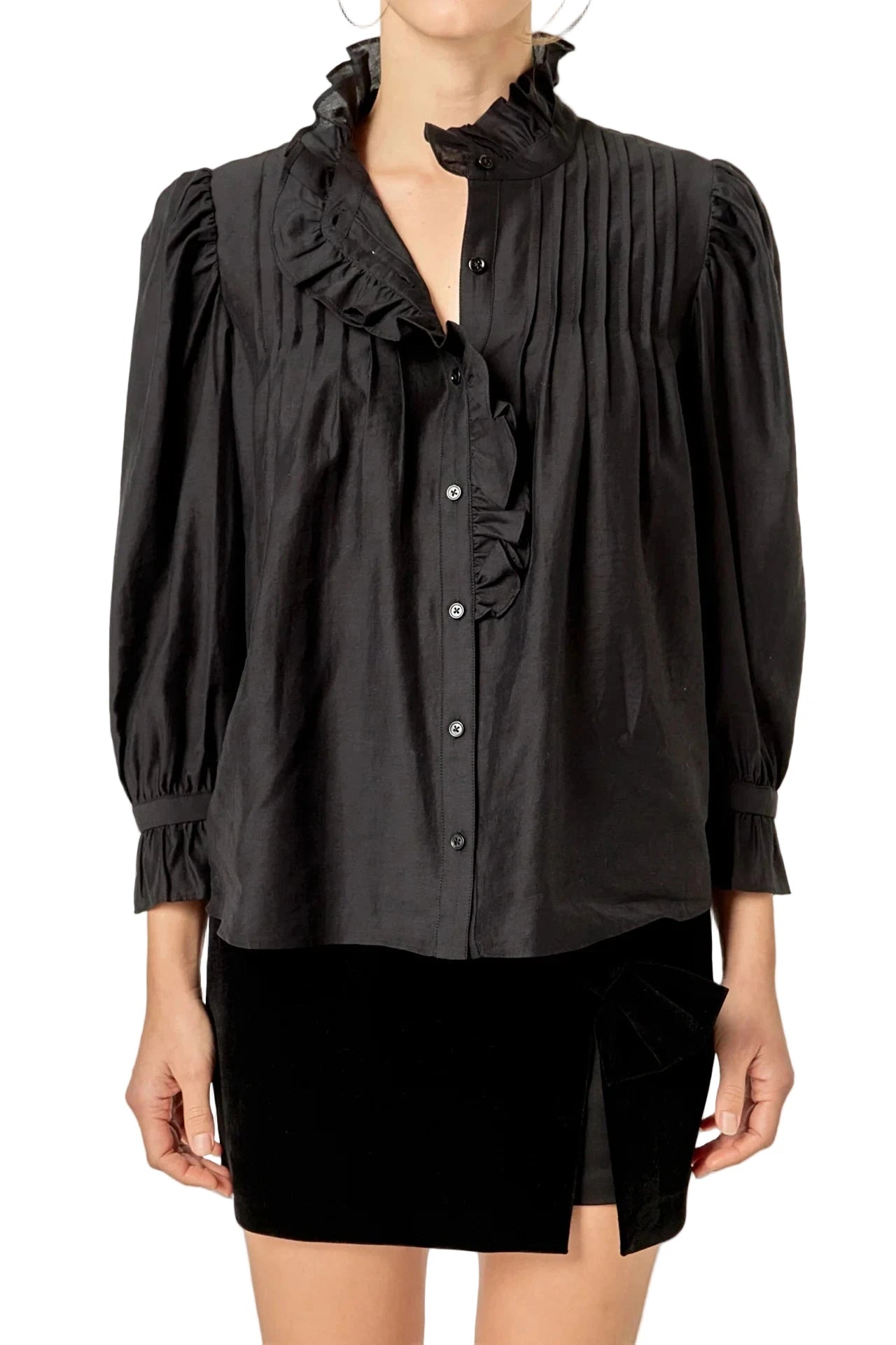 Black ruffle detailed blouse for women – front view