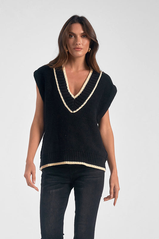 V Neck Sweater Vest- Black