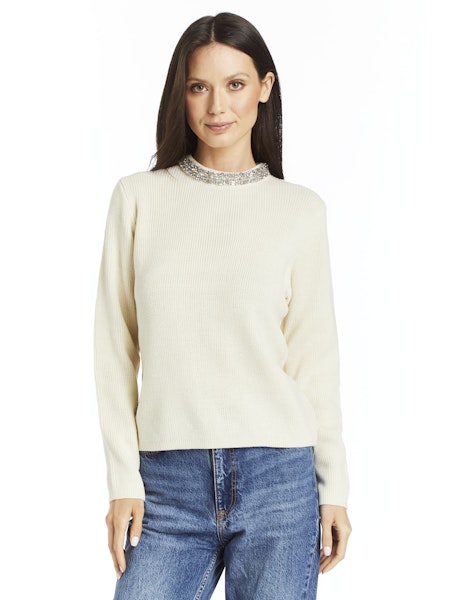 Aurora Embellished Neckline Sweater- Ivory