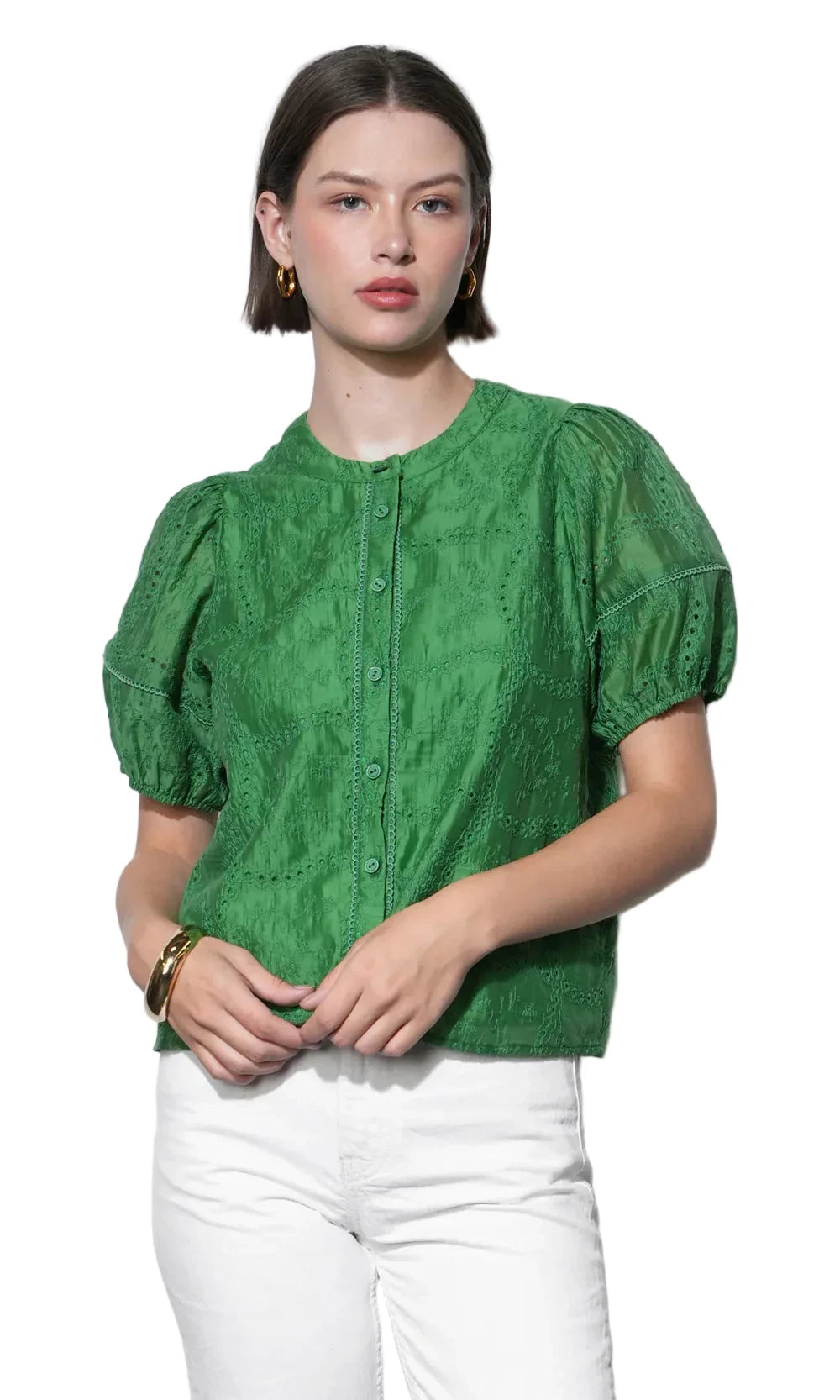 Sadie Puff Sleeve Eyelet Button Down Top- Green