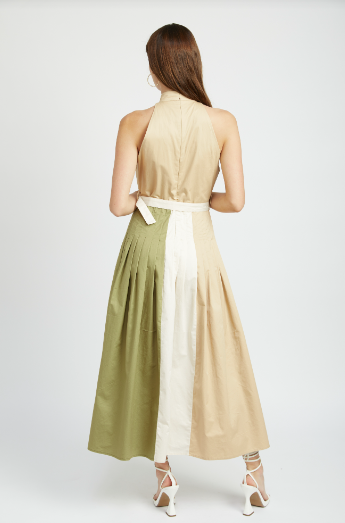 Clara Color Block Halter Midi Dress- Khaki