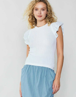 Short Sleeve Sweater top with Ruffle Sleeve- White