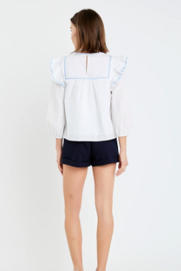 Contrast Embroidered Top- White/Blue