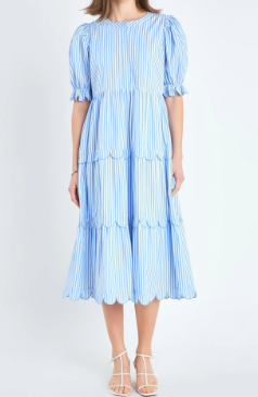 Blue Stripe Tiered Midi Dress