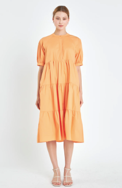 Short Puff Sleeve Midi Dress- Orange