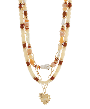 Heart Pendant Multi Bead Triple Necklace- Beige