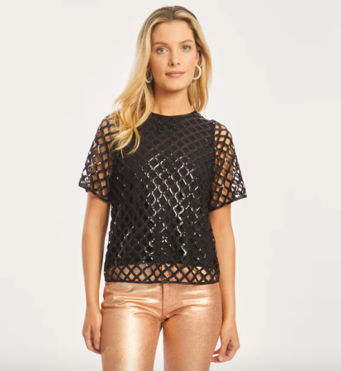 Carmen Openwork Sequin Top- Black