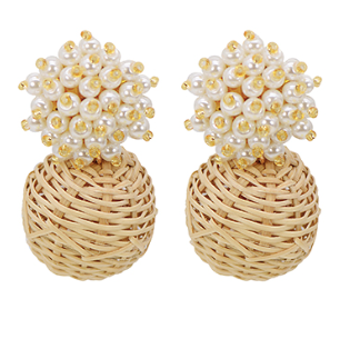 Pompom & Rattan Earring- Natural