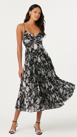 Saoirse Pleated Midi Dress- Black/Silver